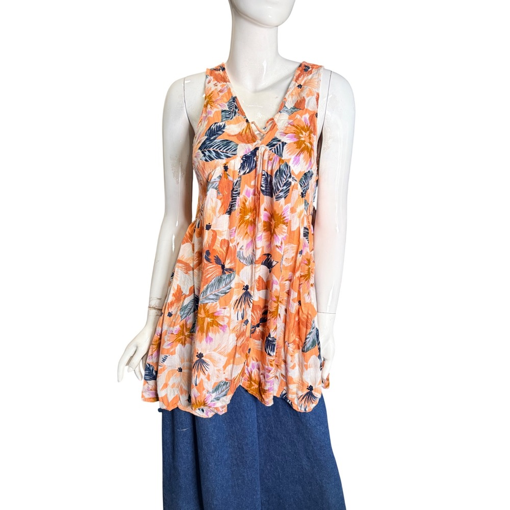 Rip Curl Orange Floral V-Neck Sleeveless Babydoll Tunic Top Medium
